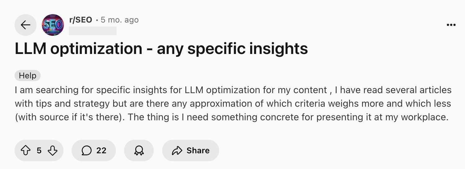 A post on the r/SEO subreddit asking for LLM optimization insights.