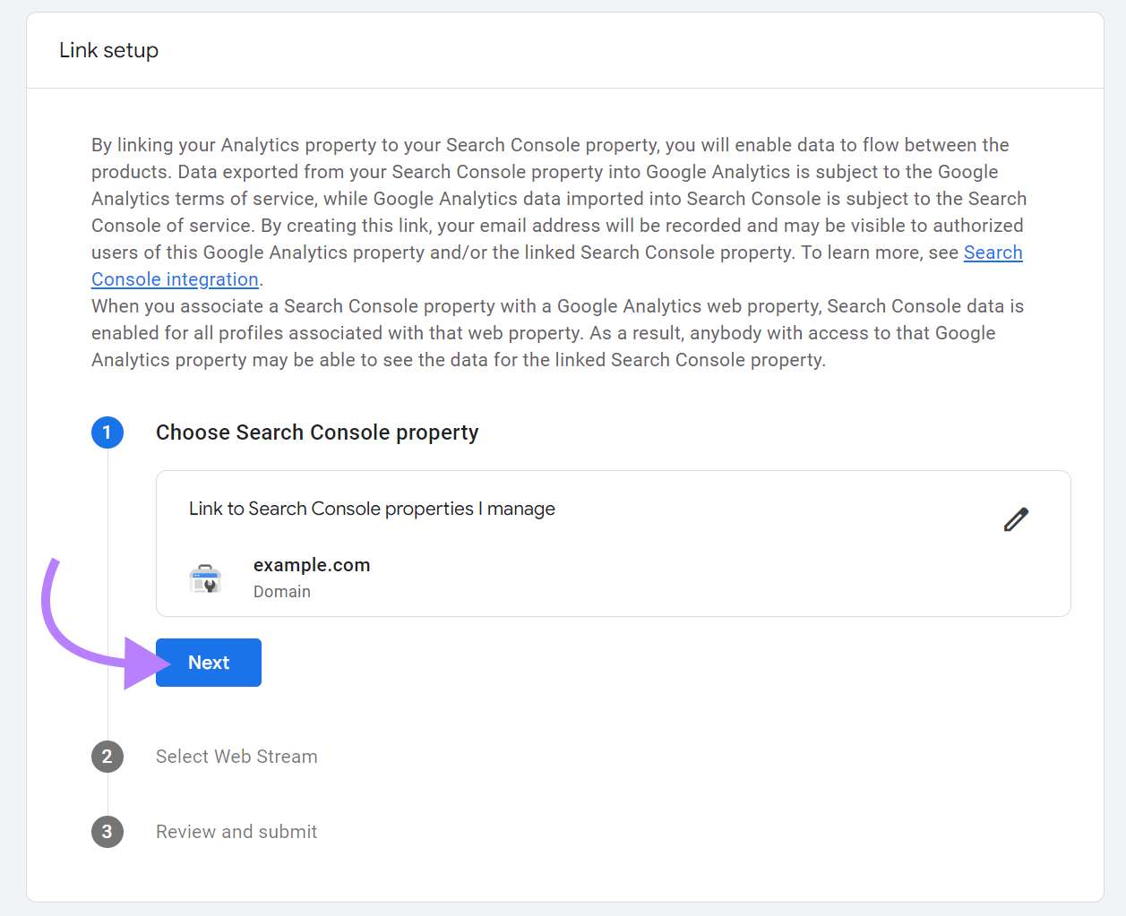 Link setup page with arrow pointing to Next button under step 1 Choose Search Console property