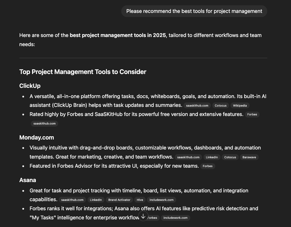 A ChatGPT result showing top tools for project management and describing why they’re the best