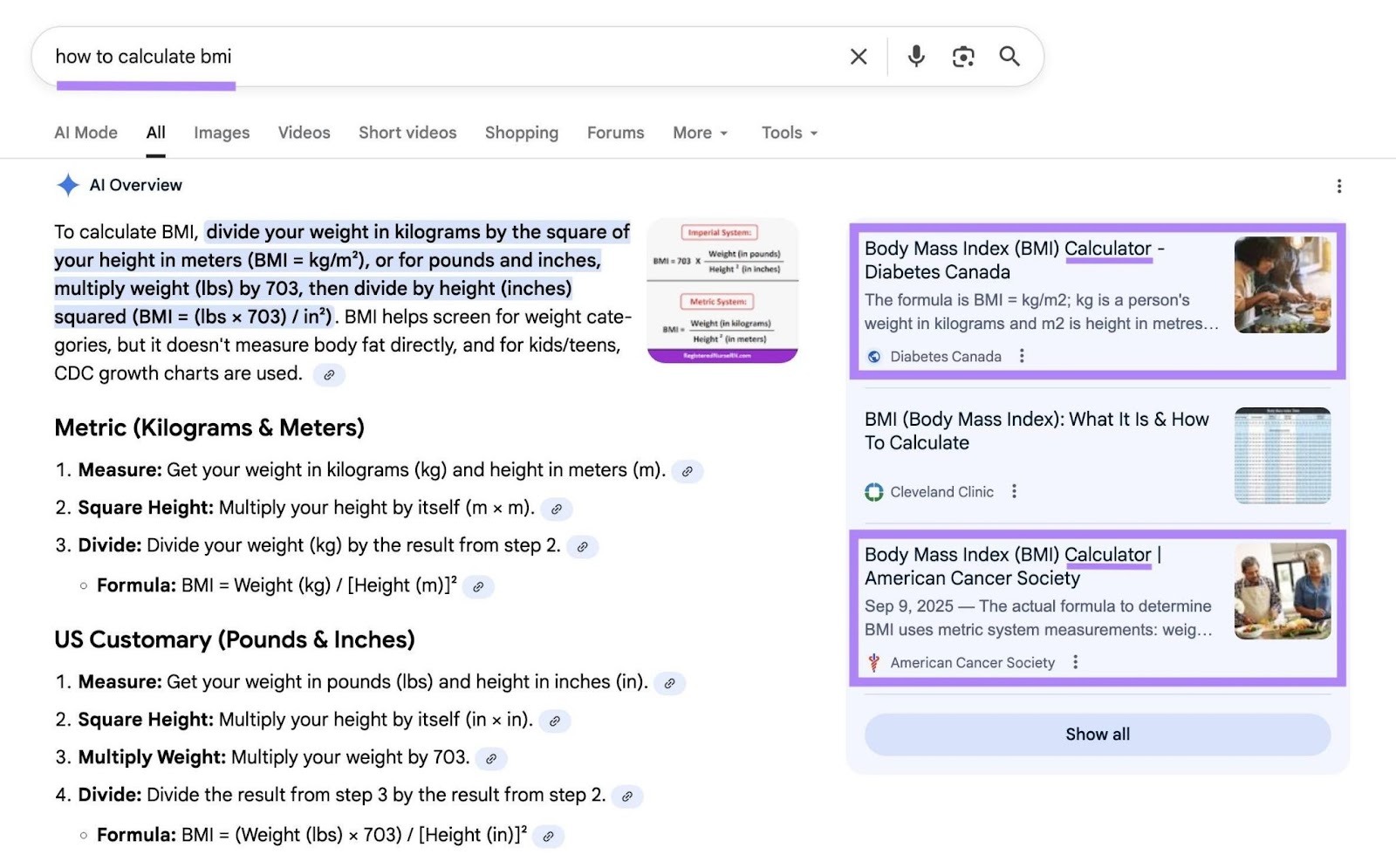 Google SERP for the term "how to calculate bmi" with the sources that feature calculators highlighted.