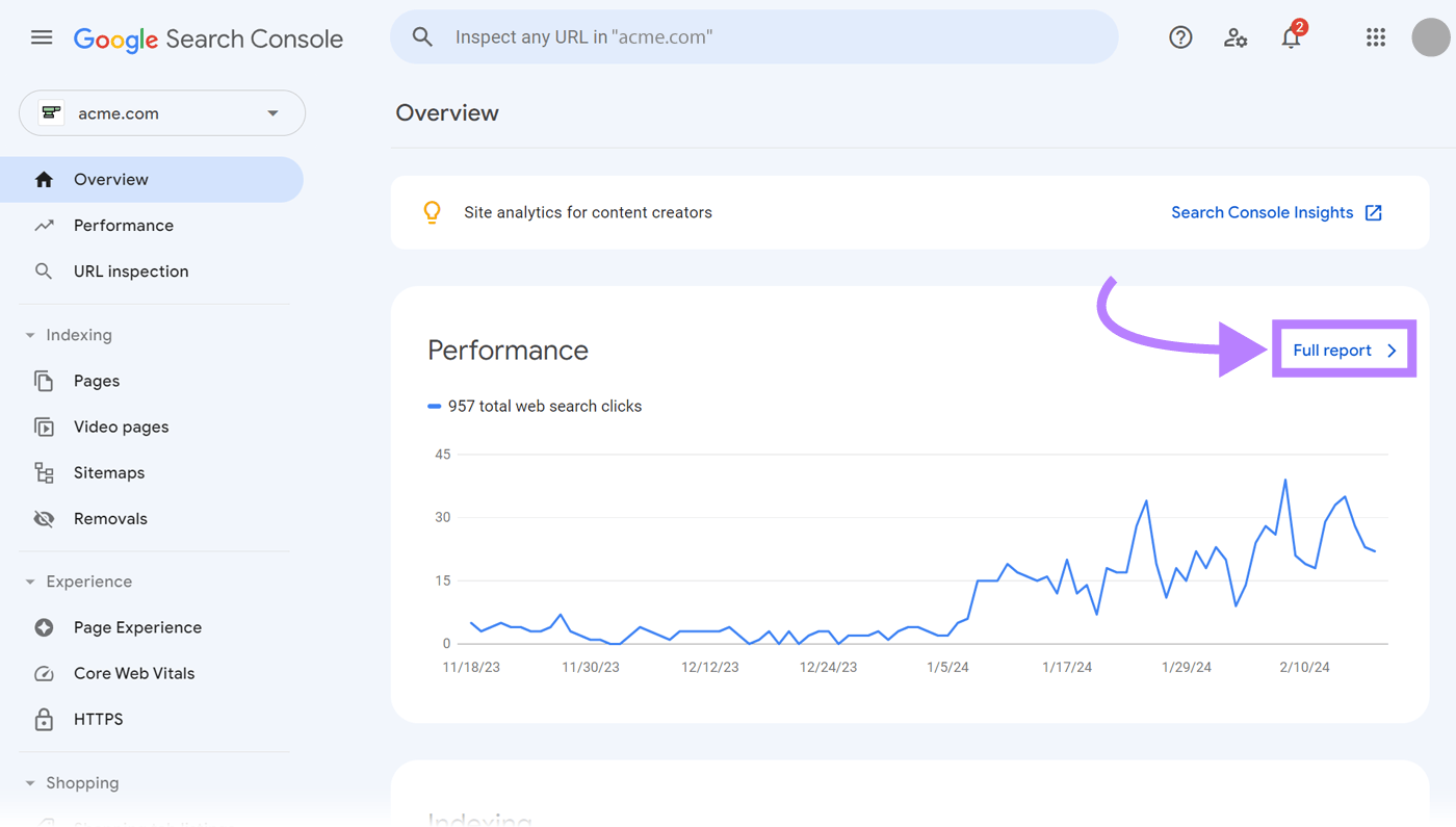 Performance overview page in Google Search Console
