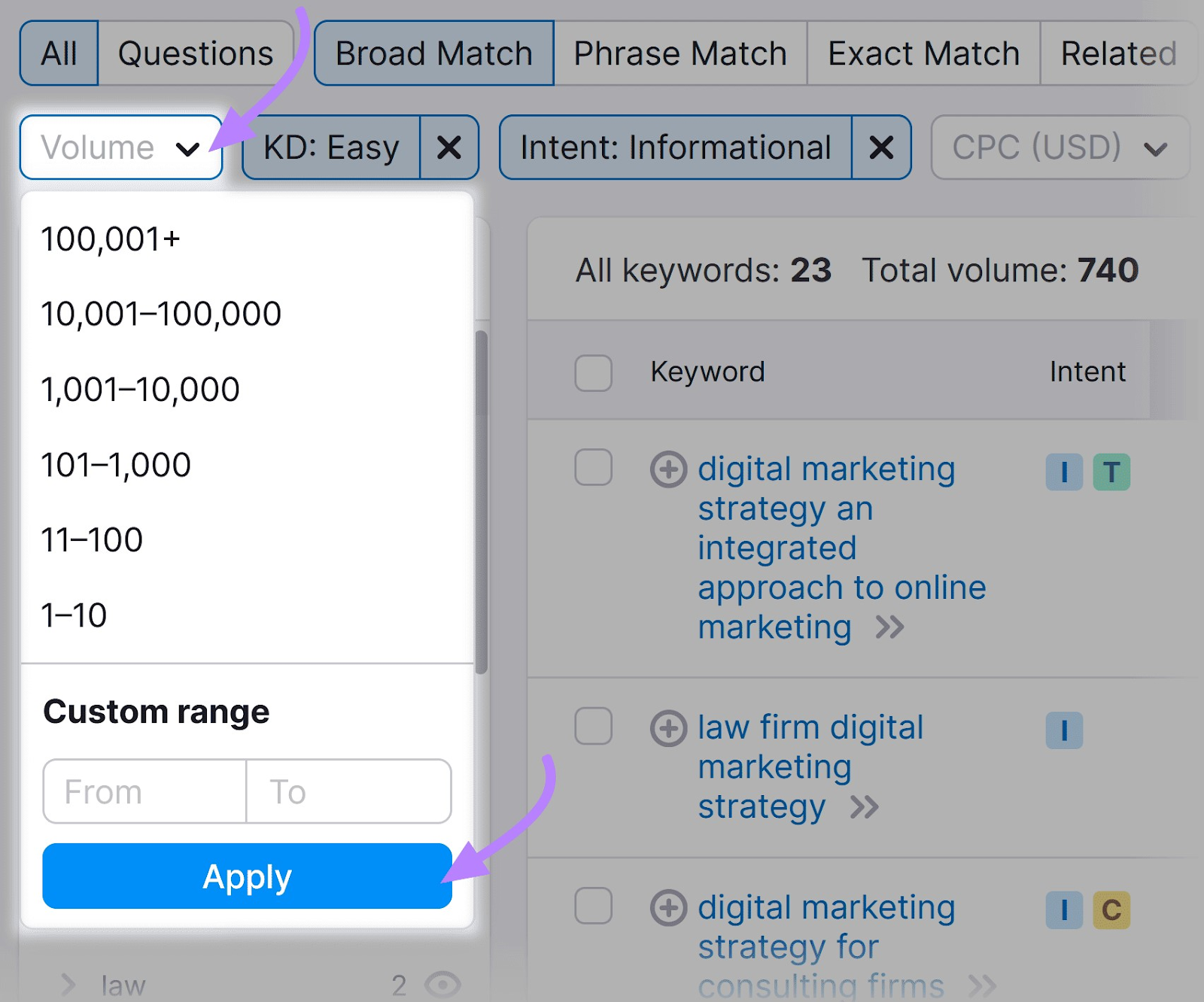 “Volume” filter drop-down menu
