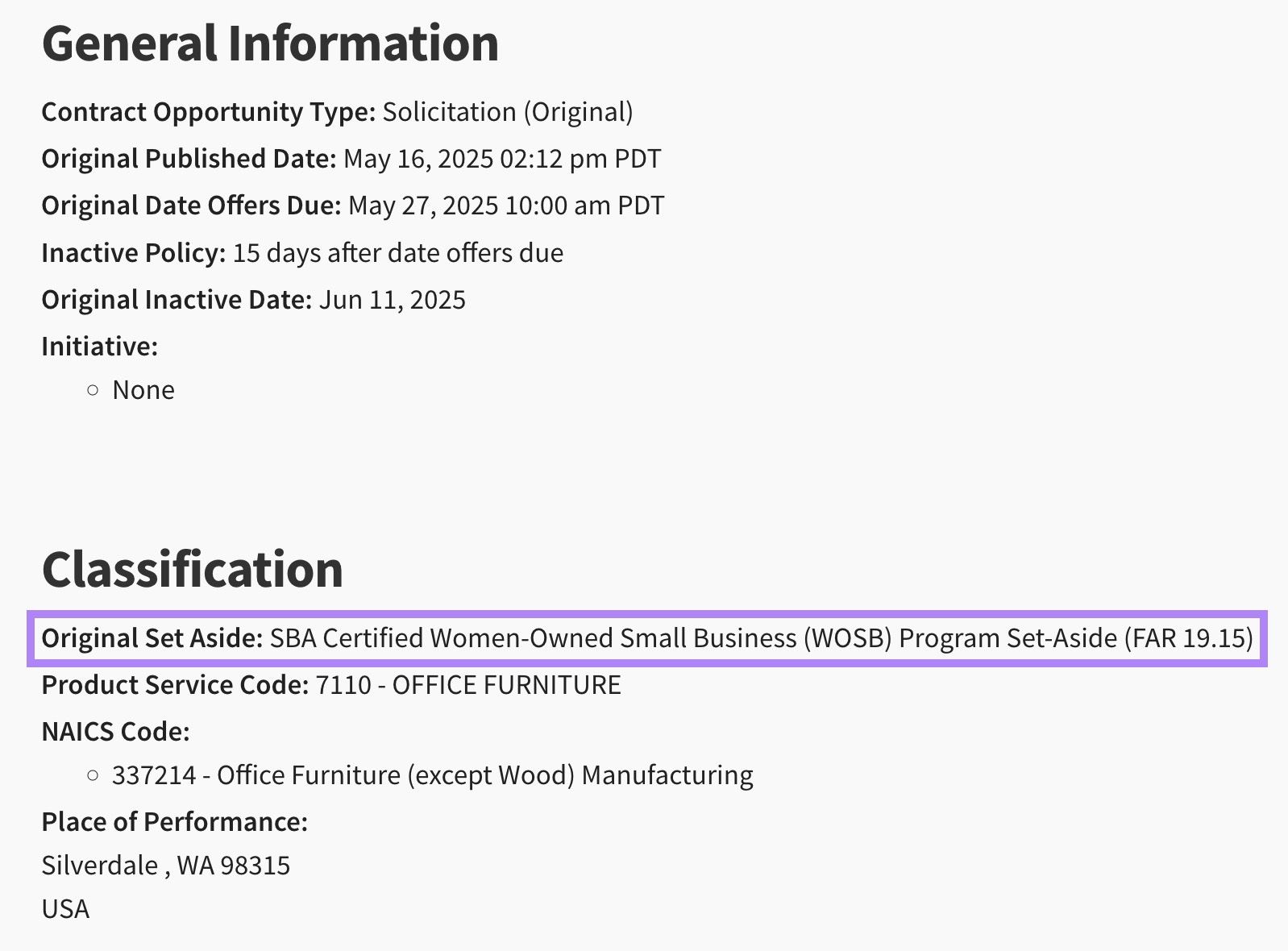 General information and classification for a B2G contract on Sam.gov. showing a listing which is reserved for SBA-certified, women-owned businesses.