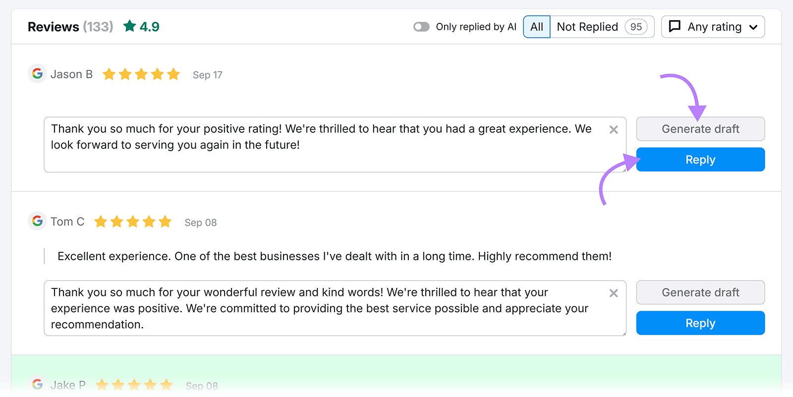 Reviews list with customer feedback. Arrows point to Generate draft and Reply buttons.