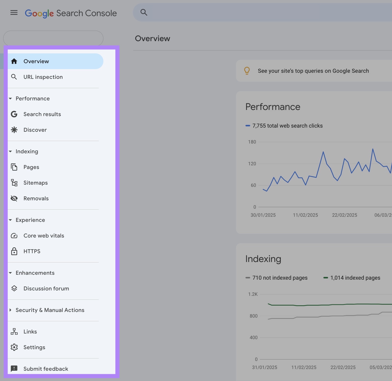 Google Search Console with the disavow tool absent from the menu on the left-hand side.