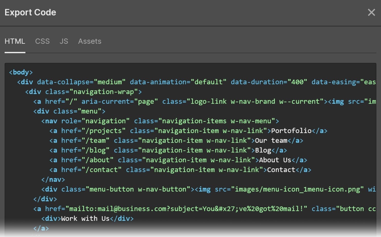 HTML code generated by Webflow