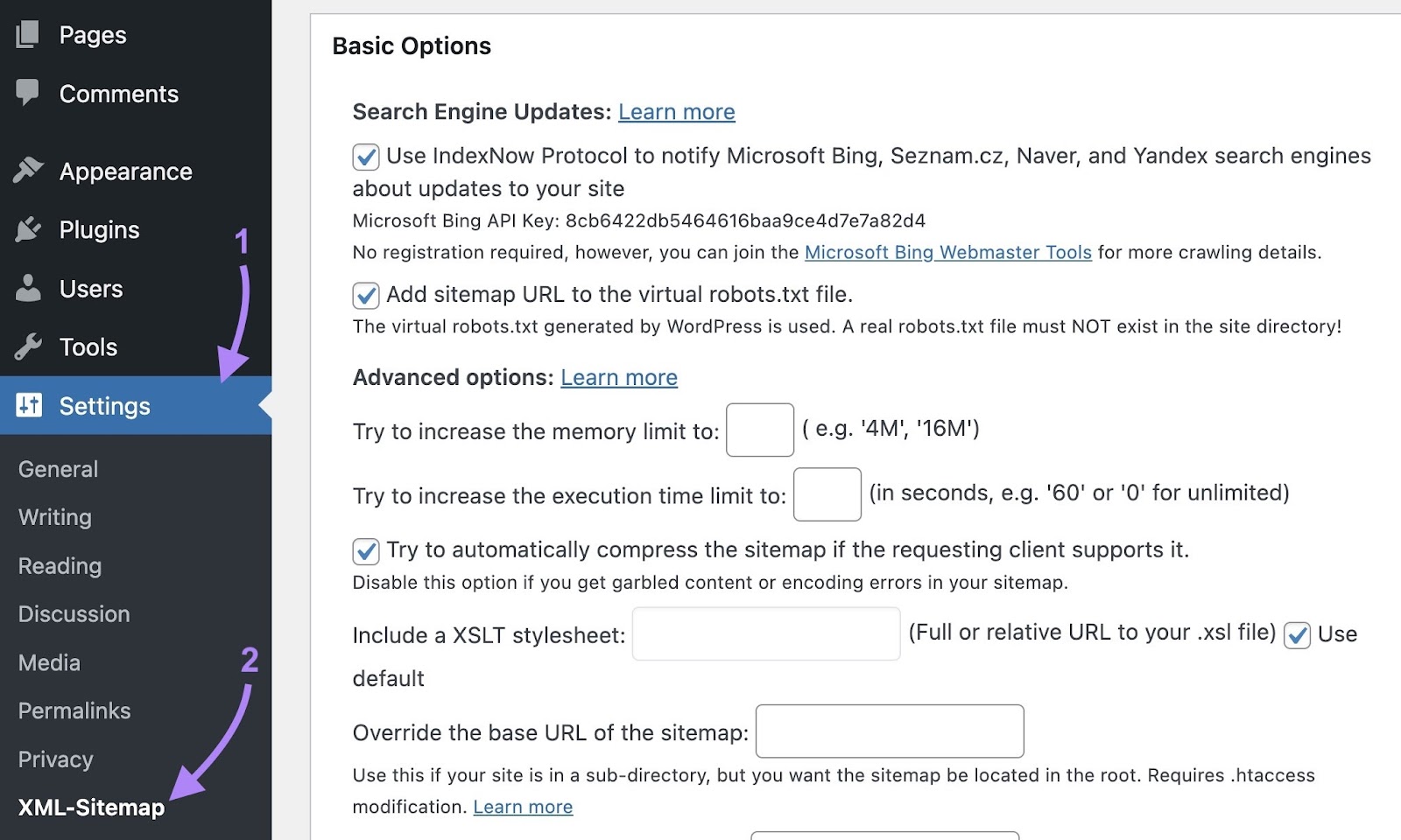 XML-Sitemap Generator for Google selected from the "Settings" dropdown on WordPress.
