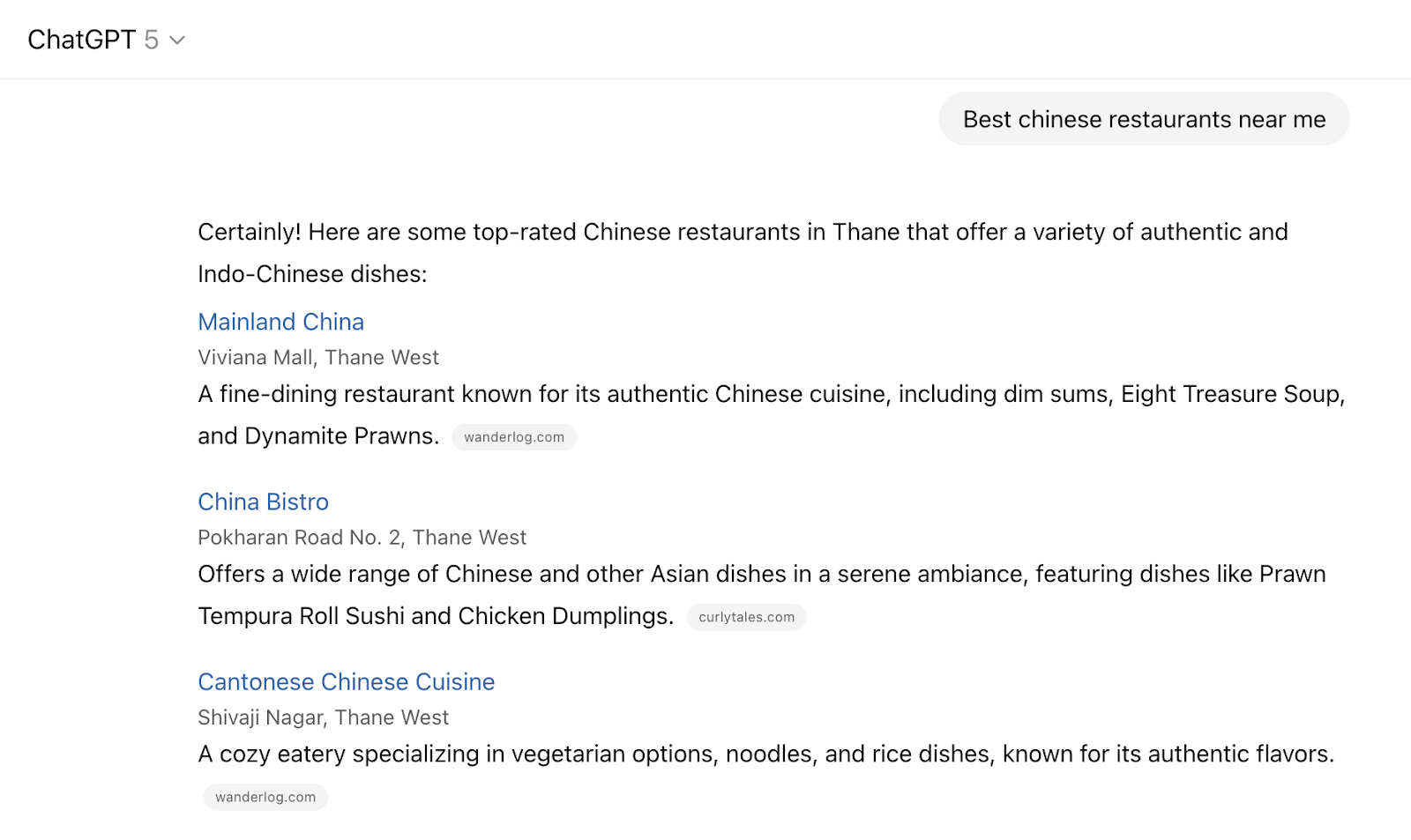 A local search in ChatGPT includes blue hyperlinks but no images.