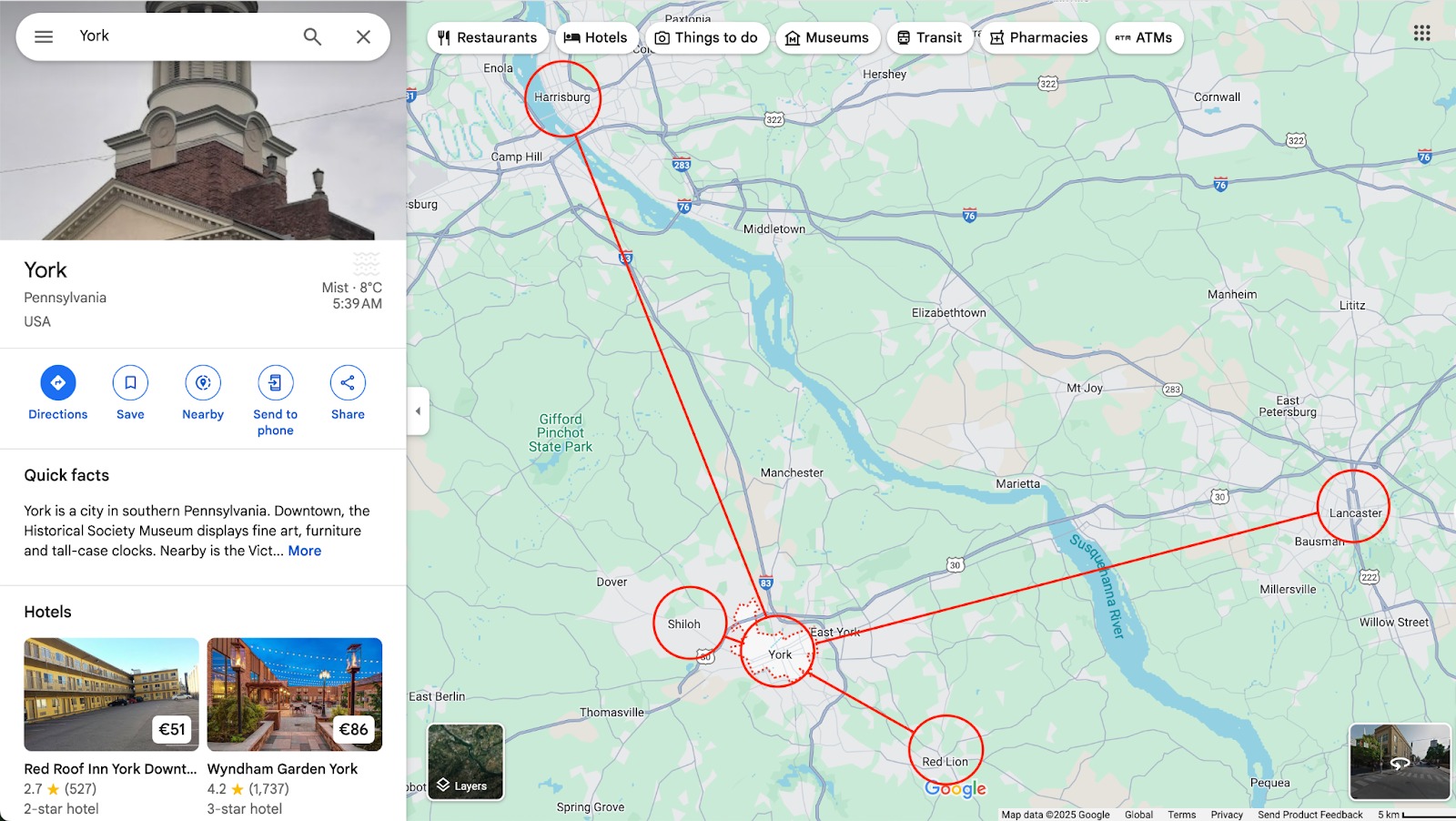 Google Maps displaying York, Pennsylvania, along with neighboring towns such as Red Lion, Shiloh, Harrisburg, and Lancaster.